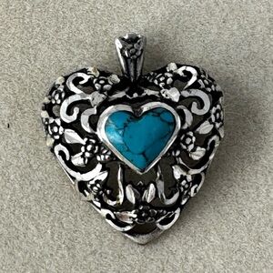 Vintage Sterling Silver southwestern Turquoise Heart Etched Floral Pendant